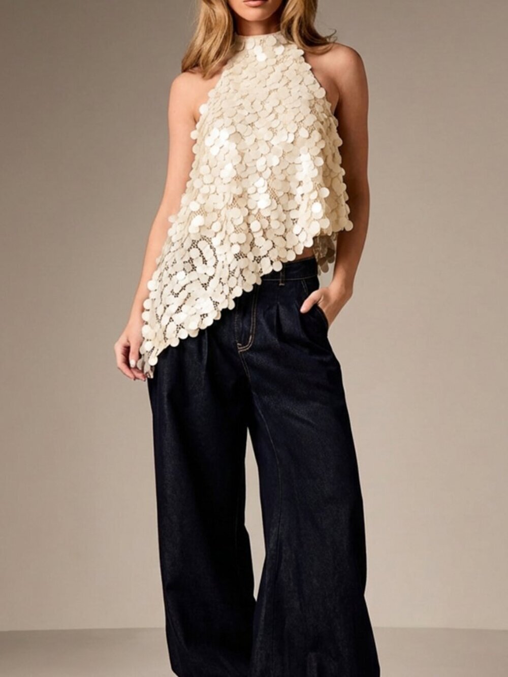 Cream Elegant Women's Asymmetric Halter Sequin Top Sleeveless Blouse - Picture 3 of 5